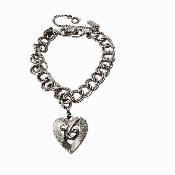 Monet Bracelet Chunky Link Removable Dangling Heart Charm 16 Silver Tone Vintage - Picture 8 of 10